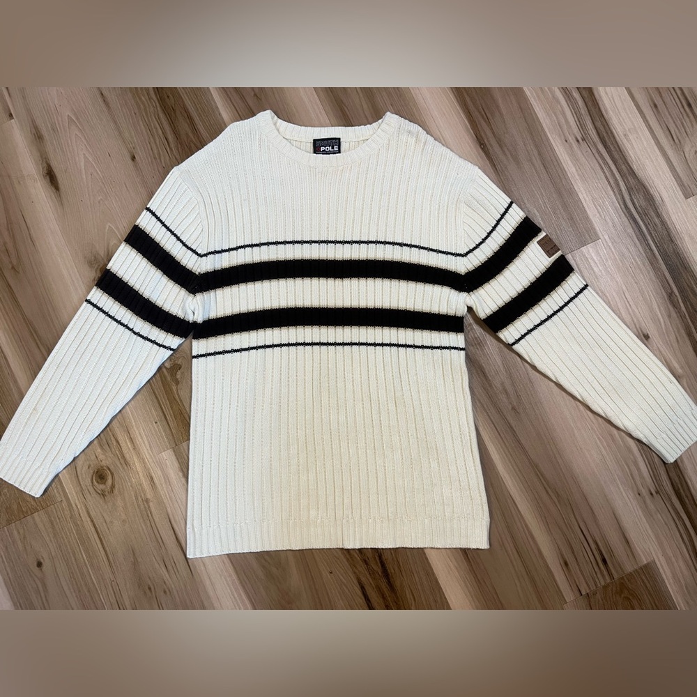 Southpole Men’s Medium Cable Knit Sweater Tan Stripes Y2K Crewneck South Pole